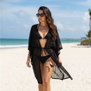 Lyseè Black Mesh Lace Cover Up With Adjustable Waist Tie & Kimono Sleeve Large